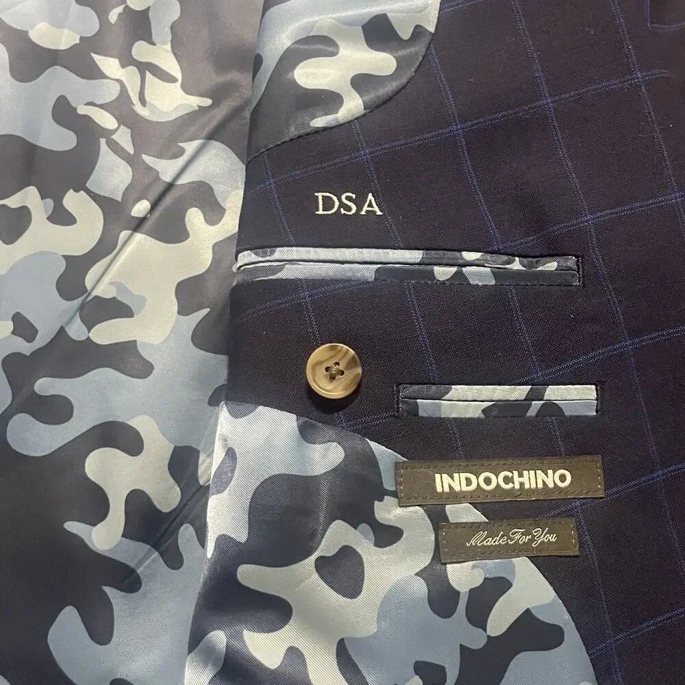 Indochino 2pc Suits Mens Size 44 R Navy Windowpane Camo Lined Jacket Pants 36x31